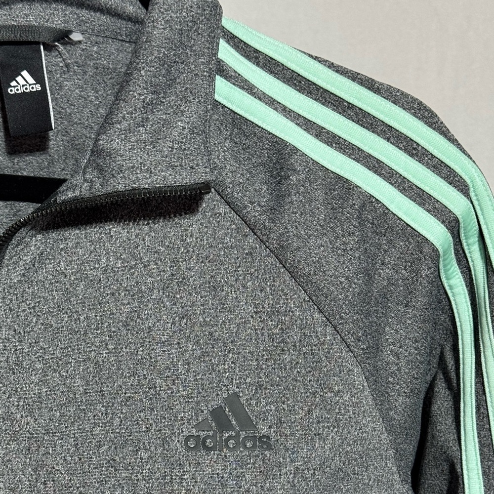 Adidas Heather Gray With Aqua Stripes Full Zip With Pockets Size Large - Picture 2 of 7